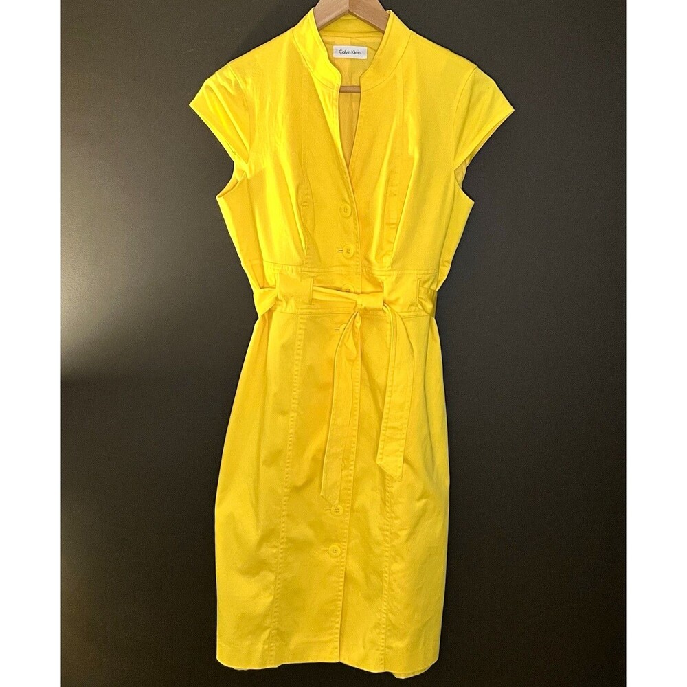 Calvin Klein Womens 10 Yellow Daffodil Shirt Dress Belted Cap Sleeve Cotton